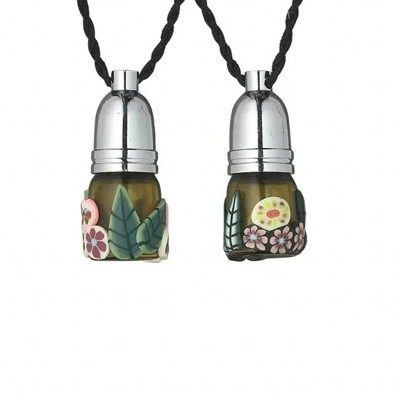 Fimo Polymer Clay Funky Flowers Amber Glass Perfume Bottle Necklace (1) - Picture 2 of 2